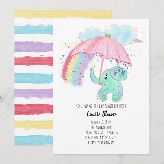 Baby Elephant med Rainbow Baby Shower Inbjudningar (Fram/baksida)