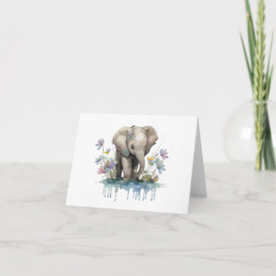 Baby Elephant med Vatten och Flowers BLANK Kort