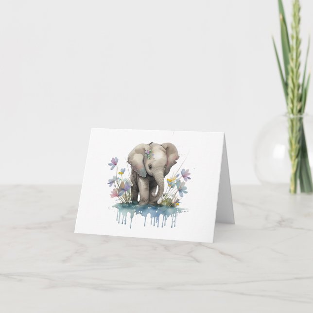 Baby Elephant med Vatten och Flowers BLANK Kort (Framsida)