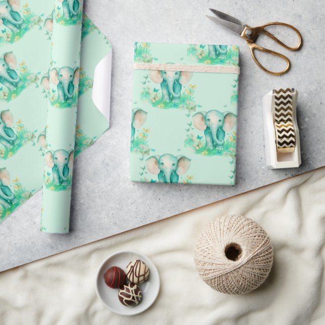 Baby Elephant Neutralt Baby Shower Presentpapper (Hantverk)