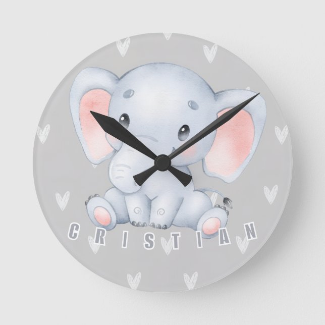 Baby Elephant Nursery Cute Decor  Rund Klocka (Framsida)