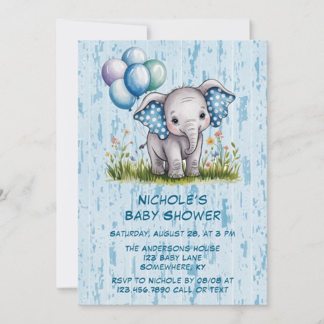 Baby Elephant och Wildblomme Boy Shower Inbjudningar (Framsida)