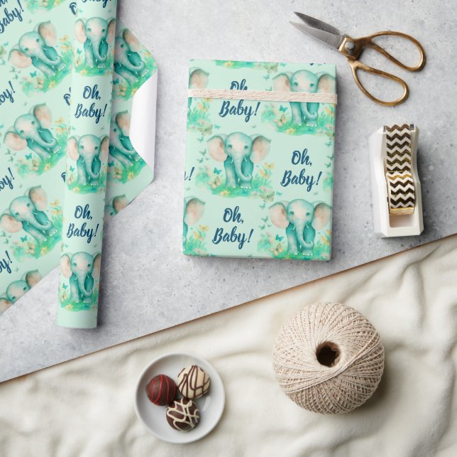Baby Elephant Oh Baby Neutralt Baby Shower Presentpapper (Hantverk)