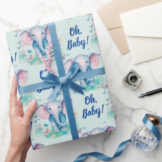 Baby Elephant Oh Pojke Baby Shower Presentpapper (Gifting)