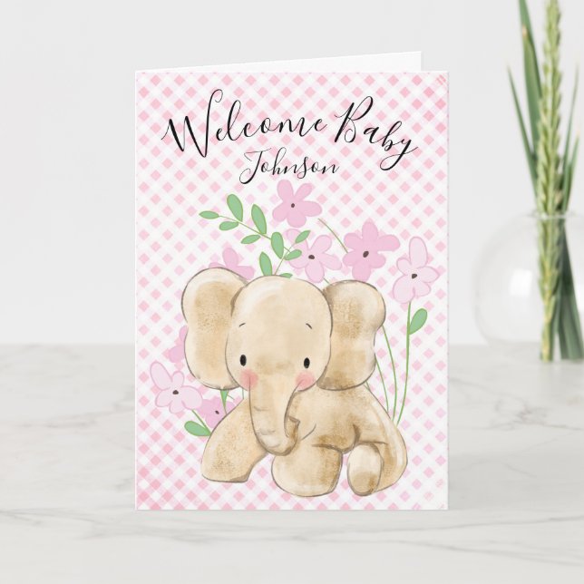 Baby Elephant on Rosa Gingham Kort (Framsida)
