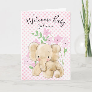 Baby Elephant on Rosa Gingham Kort