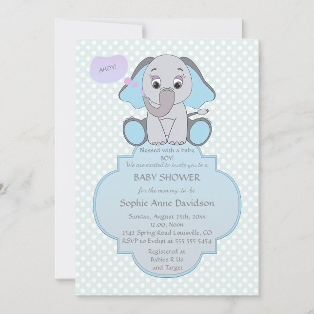 Baby Elephant Pojke Baby Shower Inbjudan (Framsida)