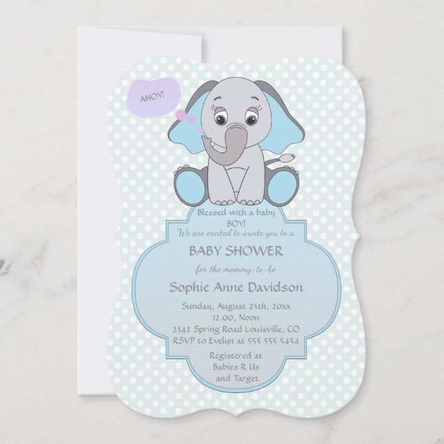 Baby Elephant Pojke Baby Shower Inbjudan (Framsida)