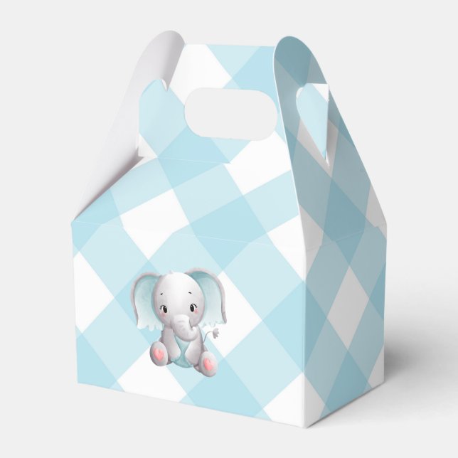 Baby Elephant Pojke Favor Box Play Gingham Presentaskar (Framsidan Sidan)