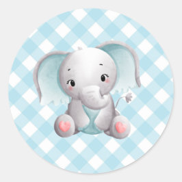 Baby Elephant Pojke Sticker Blue Play Gingham Runt Klistermärke