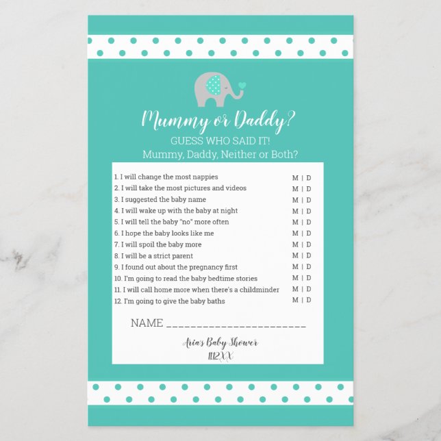 Baby Elephant Polka dots Mummy eller pappa Game Flygblad (Framsidan)