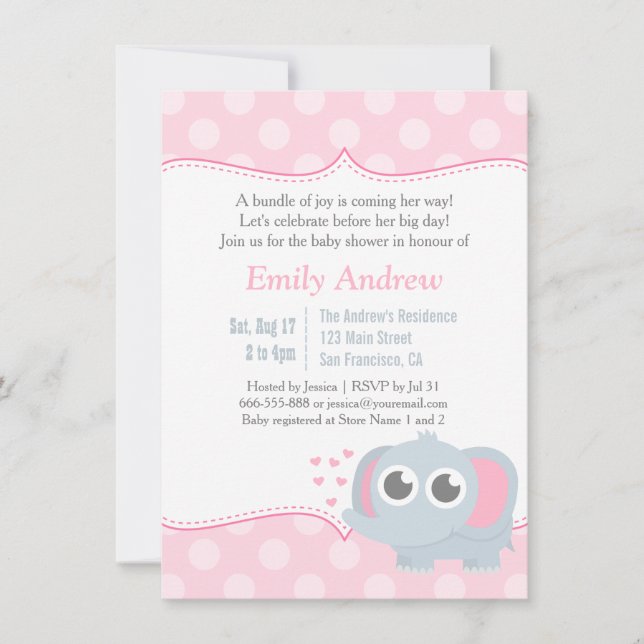 Baby Elephant Polka dots Rosa Baby Shower Inbjudningar (Framsida)