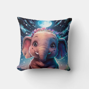 Baby Elephant Posunder under Full Moon Light Kudde