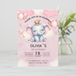 Baby Elephant Princess 1st Birthday Invitation Inbjudningar