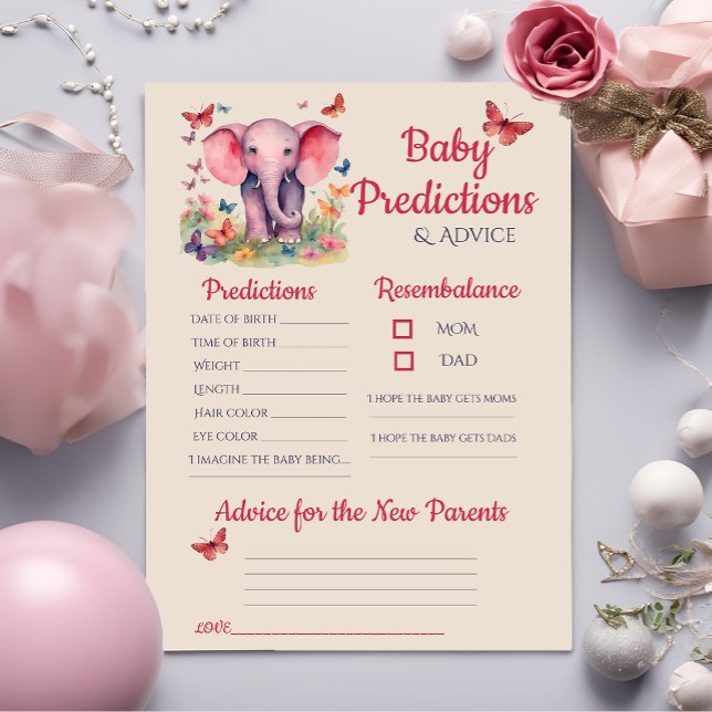 Baby Elephant Rosa Baby Predictions Advice Card (Skapare uppladdad)