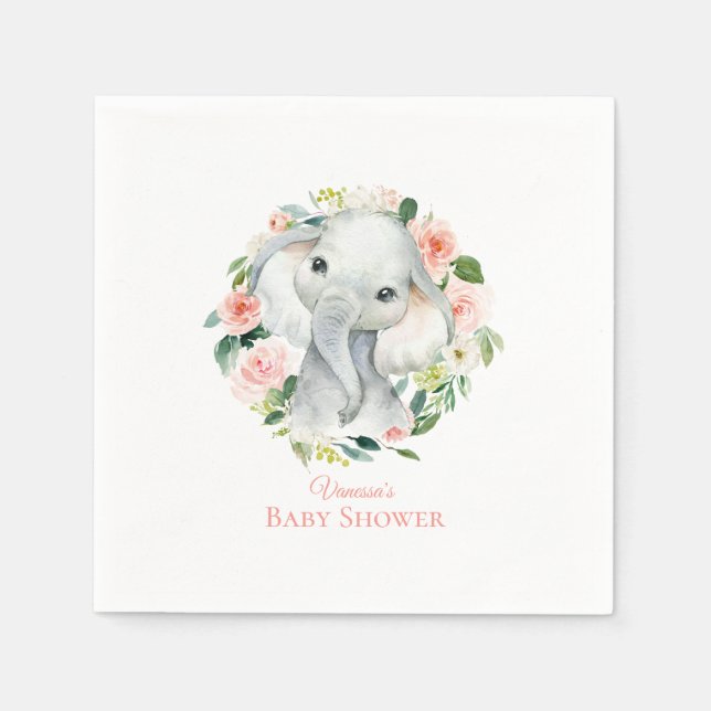 Baby Elephant  Rosa Blommigt Baby Shower Pappersservett (Framsidan)