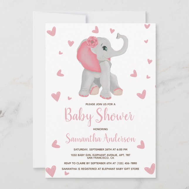Baby Elephant  Rosa Blommigt Baby Shower Photo Inbjudningar (Framsida)