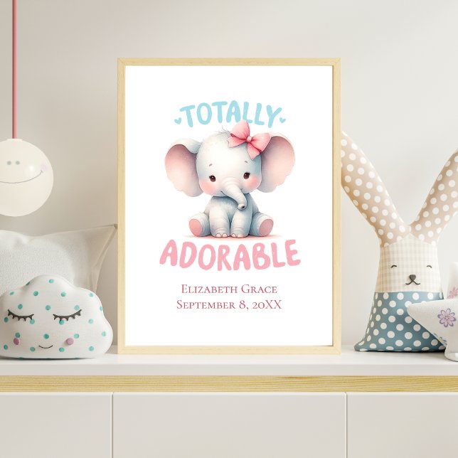 Baby Elephant Rosa Flicka Nursery Wall Art Poster (Personalized Baby Elephant Nursery Wall Art Baby Girl. Baby Shower or New Baby Gift)