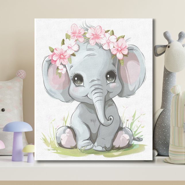 Baby Elephant Rosa Flowers på Head Nursery Canvastryck (Baby Elephant with pink flowers on head. Adorable cute nursery canvas wall art Baby Shower gift)