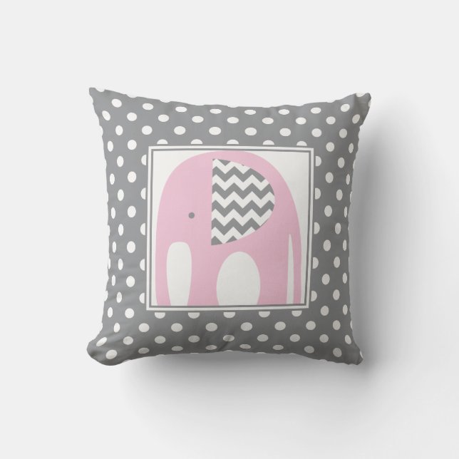 Baby Elephant | Rosa & Grått Chevron Polka dots Kudde (Framsida)