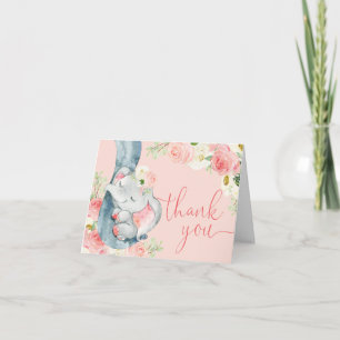 Baby elephant rosa kräm blommigt vattenfärger tack kort