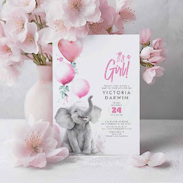 Baby Elephant Rosa och Grått Cute Girl Baby Shower Inbjudningar