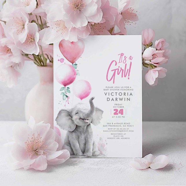 Baby Elephant Rosa och Grått Cute Girl Baby Shower Inbjudningar (Pink Balloons and Elephant Baby Shower Invitations - It's A Girl!)