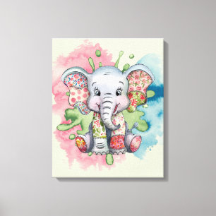 Baby Elephant Sewn Blommigt korrigerar alla barn Canvastryck
