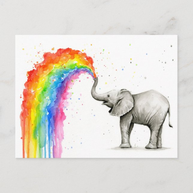 Baby Elephant Spraying Rainbow Card Stationery Vykort (Framsida)