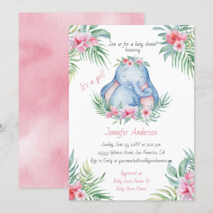 Baby Elephant Tropical Blommigt Flicka Shower Inbjudningar