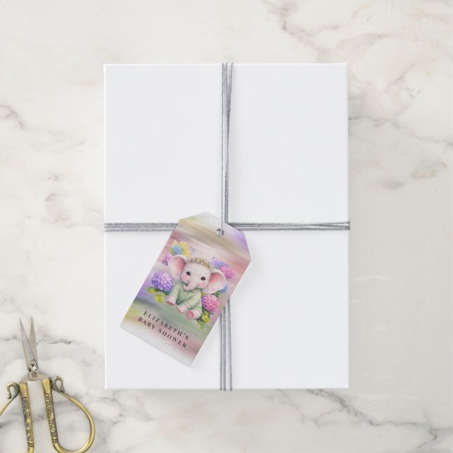 Baby Elephant with Hydrangeas Baby Shower Presentetikett (Med Snöre)