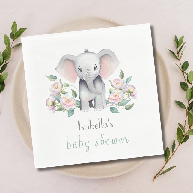 Baby Elephant with Peonies, Eucalyptus Napkin Pappersservett (Skapare uppladdad)