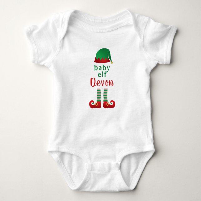 Baby Elf Personalize Namn Chritsmas Red Grönt T Shirt (Framsida)