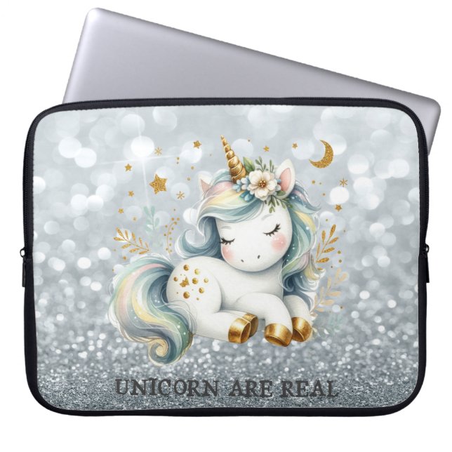 Baby Enhörning Silver Glitter Bokeh Laptop Fodral (Framsidan)