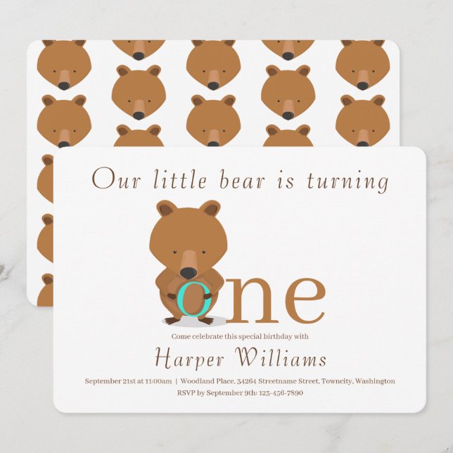 Baby ett björn första födelsedag inbjudningar (Fram/baksida)