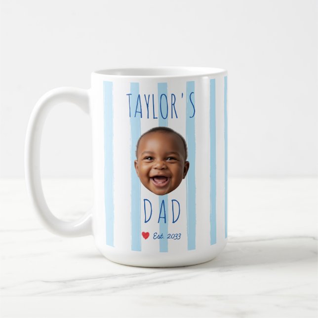 Baby Face Foto Blå Ränder Första Fars Dag Kaffemugg (Vänster)