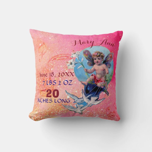 BABY FAIRY,DOVES IN ROSA SPARKLES Flicka Stats Kudde (Framsida)