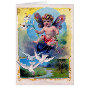 BABY FAIRY WITH DOVES ,Blue Sapphire Hälsningskort