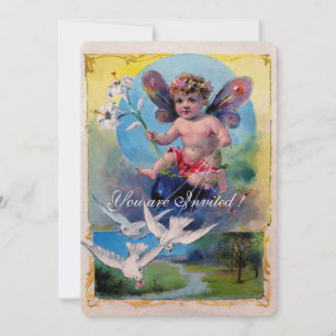 BABY FAIRY WITH DOVES Champagne Metallic Inbjudningar