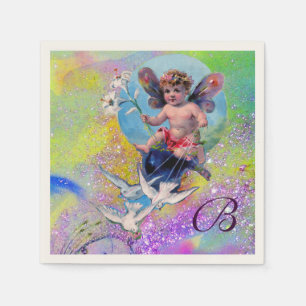 BABY FAIRY WITH DOVES IN LILA GRÖNT SPARKLES PAPPERSSERVETT