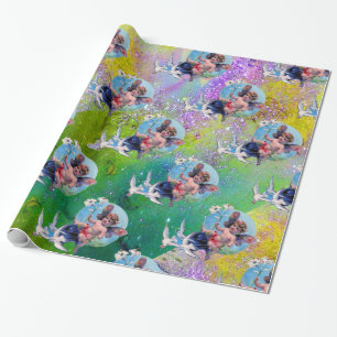 BABY FAIRY WITH DOVES IN LILA GRÖNT SPARKLES PRESENTPAPPER