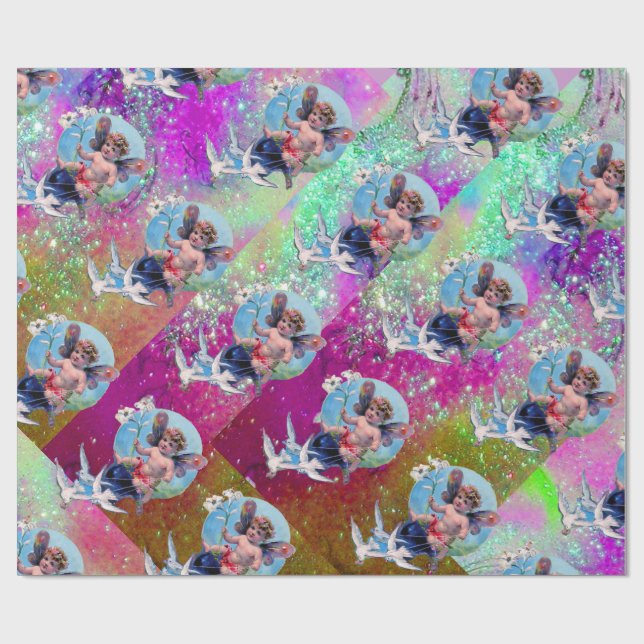 BABY FAIRY WITH DOVES IN LILA TEAL BLUE SPARKLES PRESENTPAPPER (Platt)