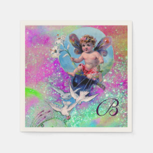 BABY FAIRY WITH DOVES IN LILA TEAL SPARKLES PAPPERSSERVETT