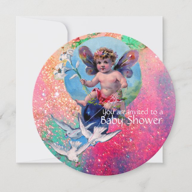 BABY FAIRY WITH DOVES IN ROSA SPARKLES Champagne Inbjudningar (Framsida)
