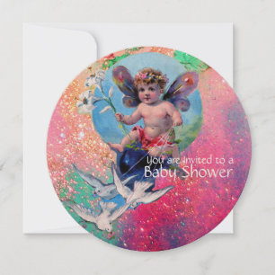 BABY FAIRY WITH DOVES IN ROSA SPARKLES Champagne Inbjudningar