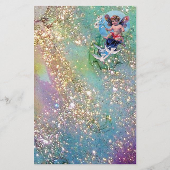 BABY FAIRY WITH DOVES IN SPARKLES ,blue grönt guld (Framsida)