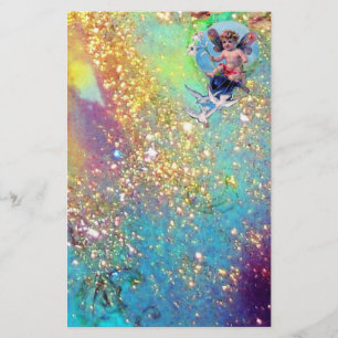 BABY FAIRY WITH DOVES IN SPARKLES ,blue grönt guld Brevpapper