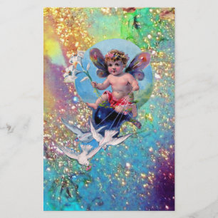 BABY FAIRY WITH DOVES IN SPARKLES ,blue grönt guld Brevpapper
