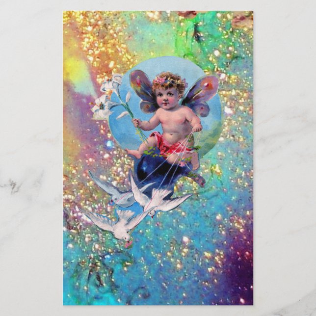 BABY FAIRY WITH DOVES IN SPARKLES ,blue grönt guld Brevpapper (Framsida)