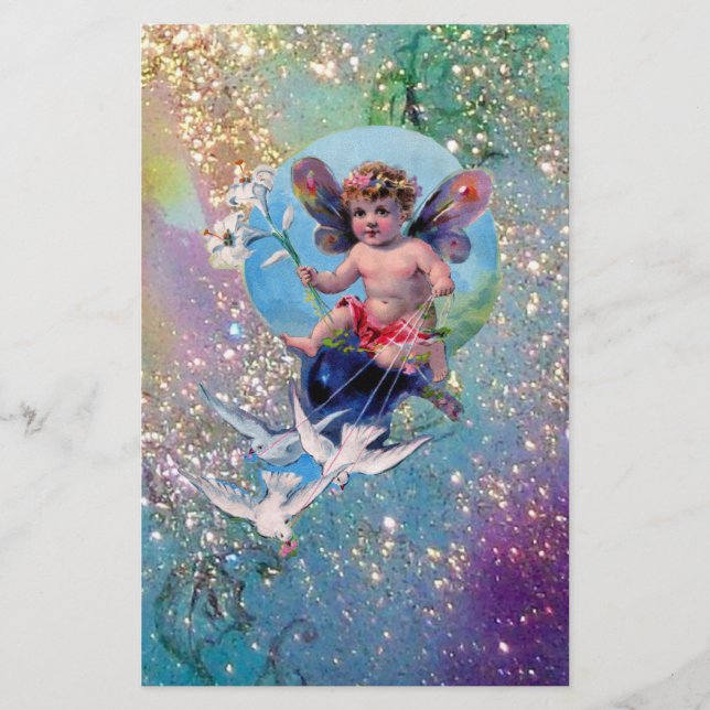 BABY FAIRY WITH DOVES IN SPARKLES blue grönt guld Brevpapper (Framsida)
